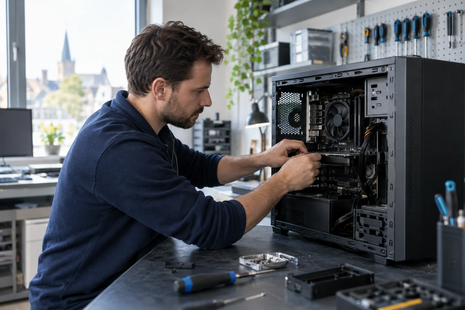 Een technicus werkt aan een geopende desktopcomputer.